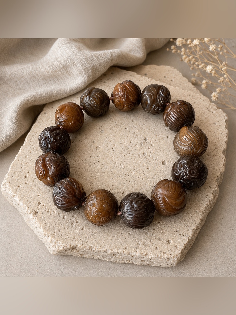 Vintage 1980's Chinese Zodiac Carved Stone Bracelet 12 Animal Beads